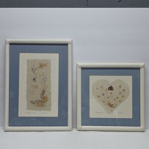 Vintage 90s Framed Wildflowers Dried Flowers Boho Art with Blue Mat Set Of 2
